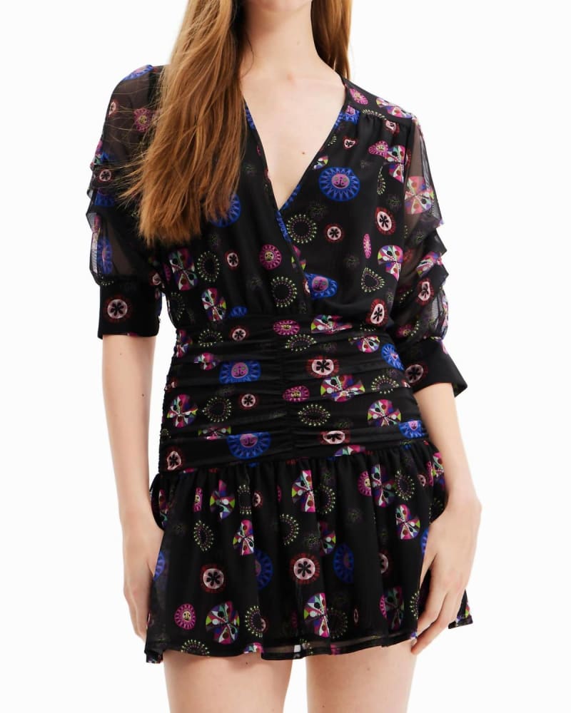 Front of a model wearing a size L M. Christian Lacroix Draped Short Dress In Black in Black by Desigual. | dia_product_style_image_id:342377